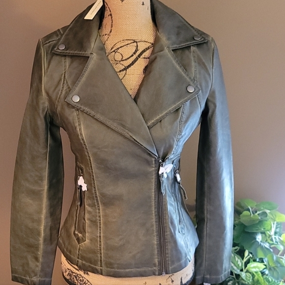 Max Studio Jackets & Blazers - MAXSTUDIO Washed Olive Faux Leather Moto Jacket Size XS